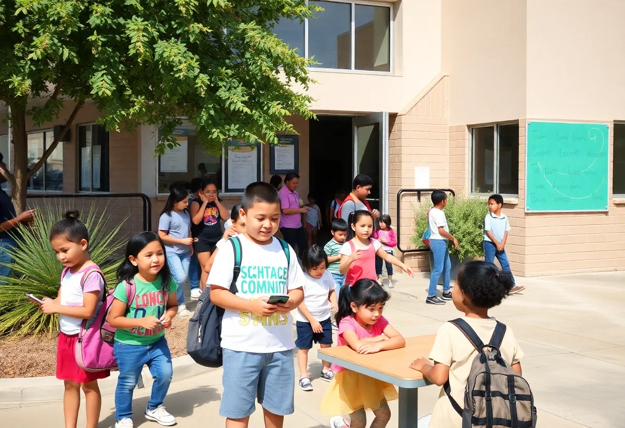 A diverse group of students participating in activities at a community school in San Diego.