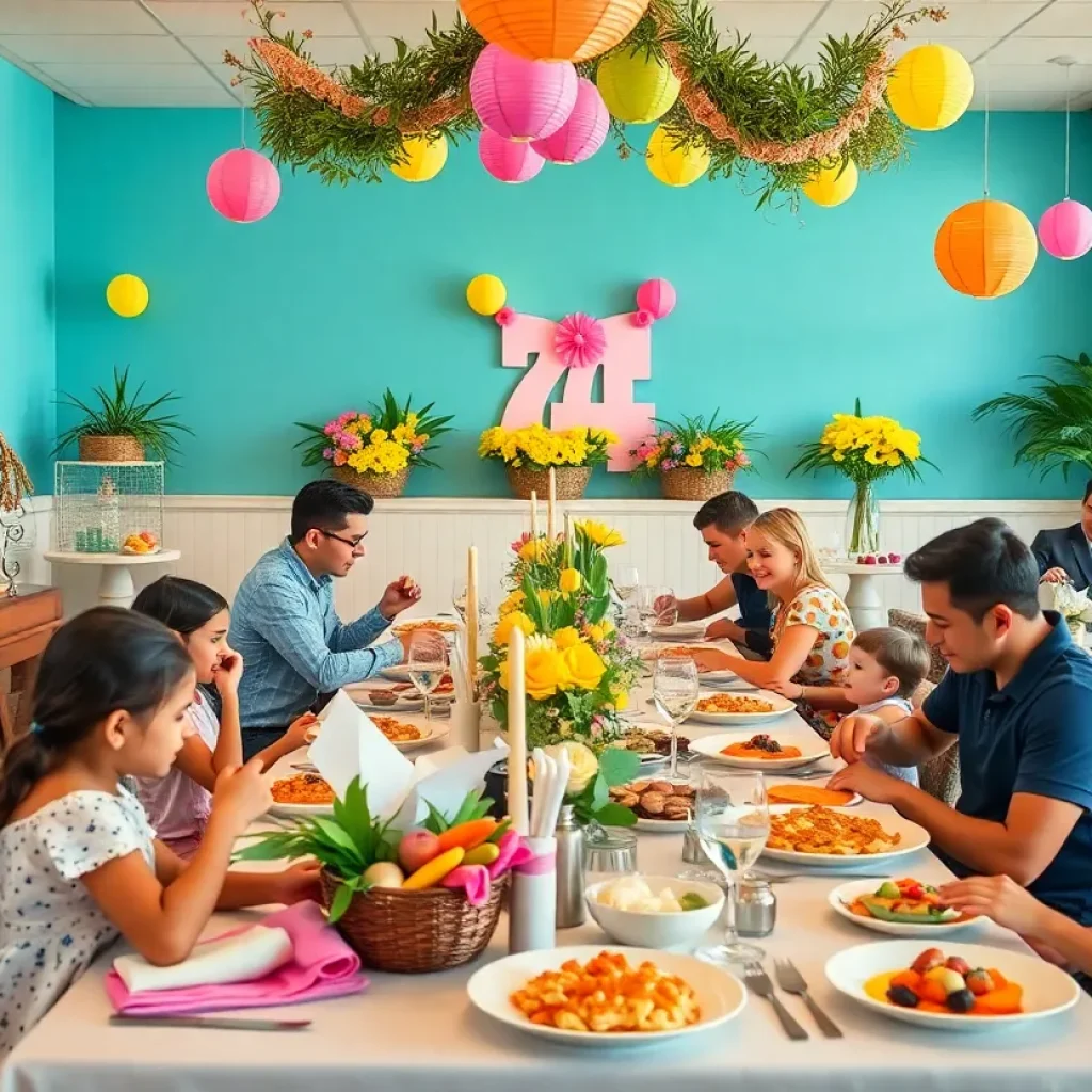 Families enjoying a colorful Easter brunch in San Diego