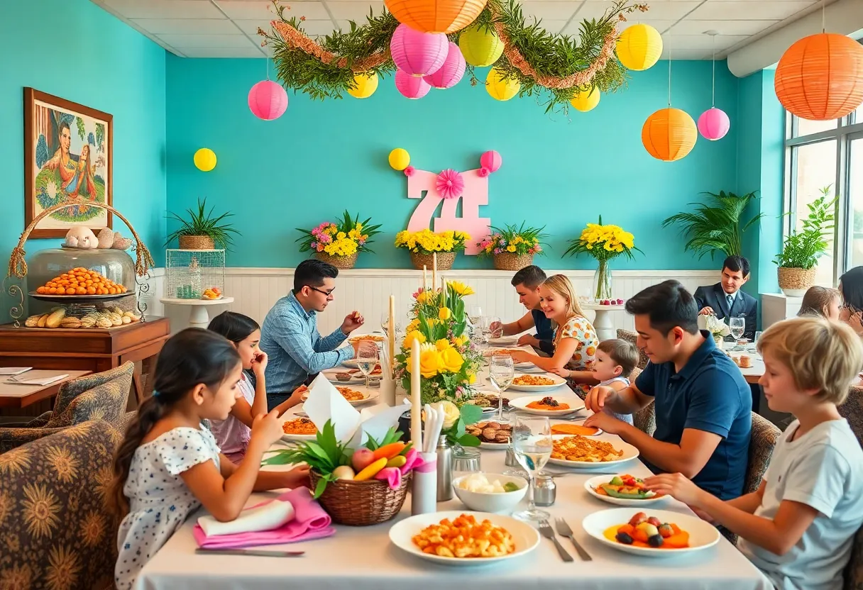 Families enjoying a colorful Easter brunch in San Diego