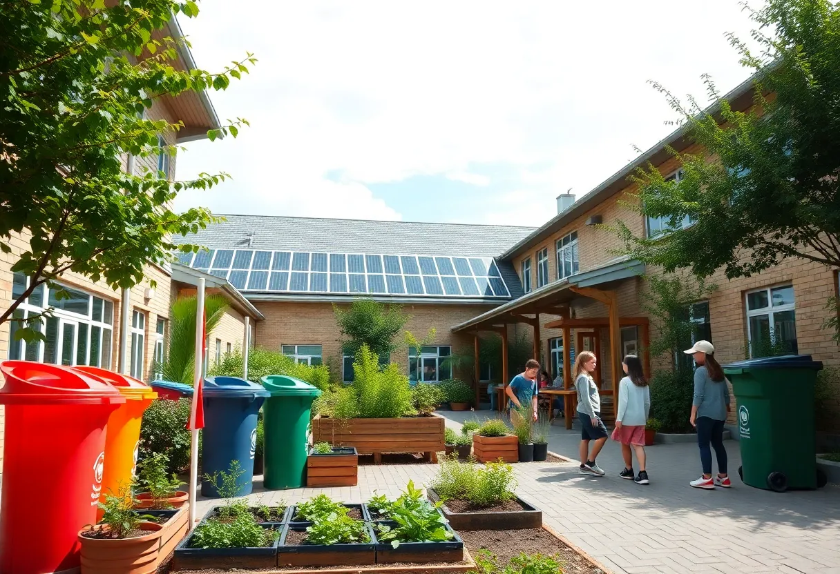 Students participating in eco-friendly activities in a school environment