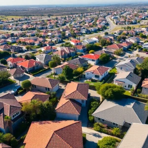 Aerial view of a San Diego neighborhood with houses and palm trees