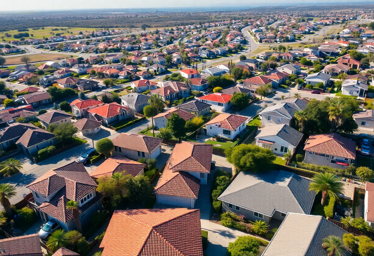 Aerial view of a San Diego neighborhood with houses and palm trees