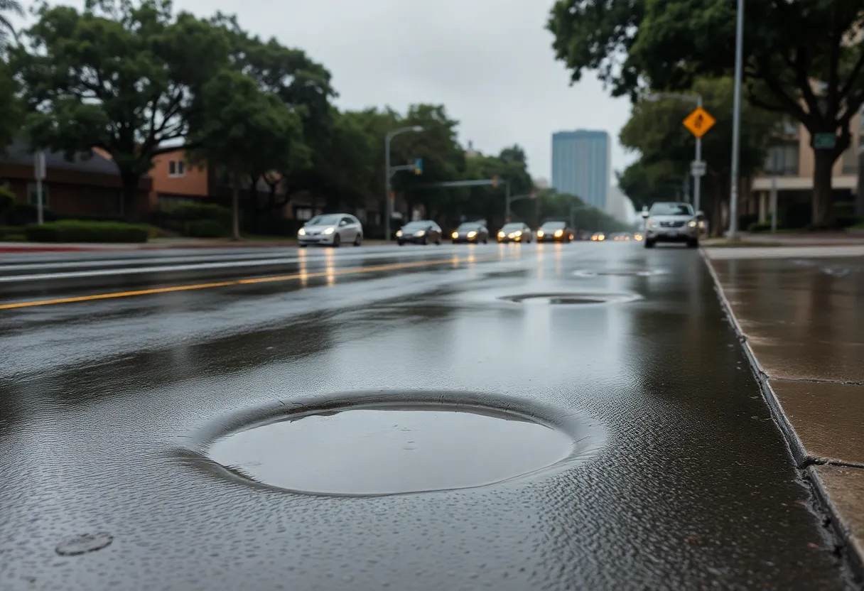 Rain-soaked street in San Diego showing multiple potholes