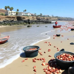 A warning sign for shellfish harvesting near the beach in San Diego