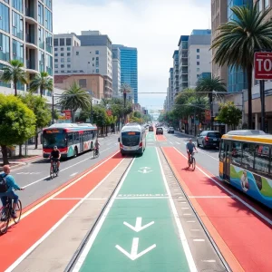 Urban transportation in San Diego with bike lanes and public transit