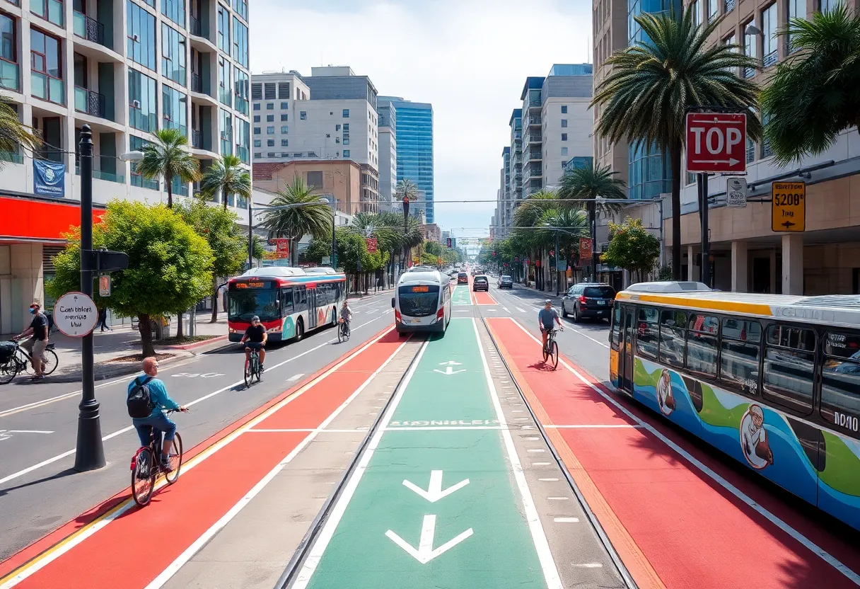 Urban transportation in San Diego with bike lanes and public transit