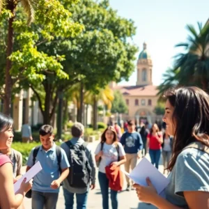 Students on the university campus in San Diego enjoying sunny weather