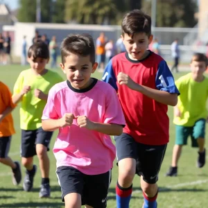 Middle school students competing in a flag football tournament