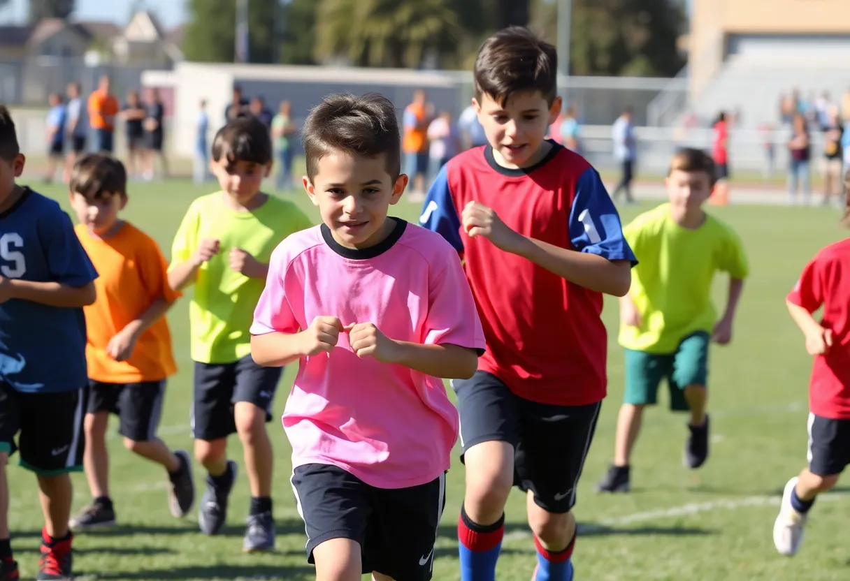 Middle school students competing in a flag football tournament