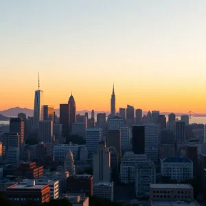 Panoramic view of San Francisco skyline during sunset