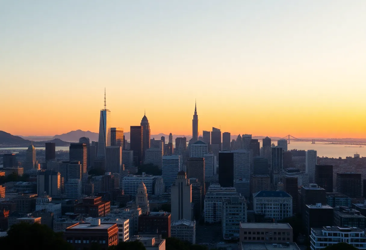Panoramic view of San Francisco skyline during sunset