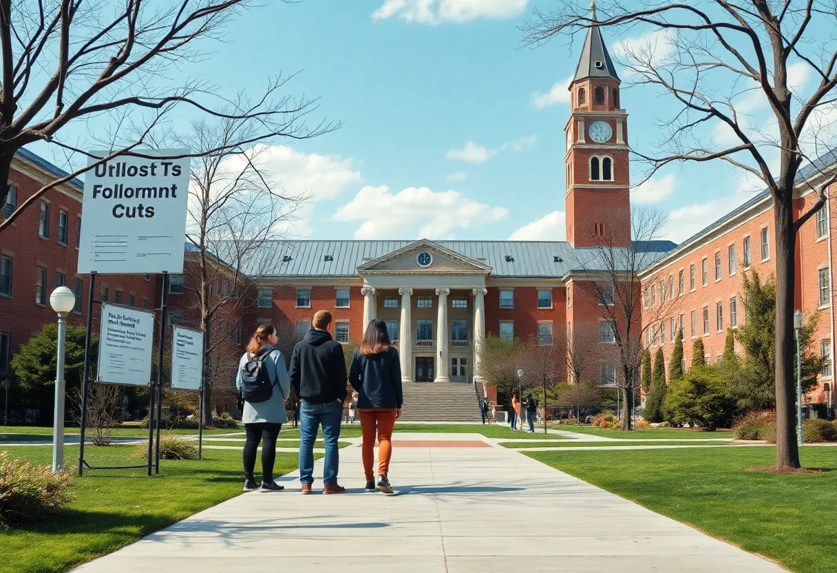 Illustration of SDSU campus with budget-related themes.
