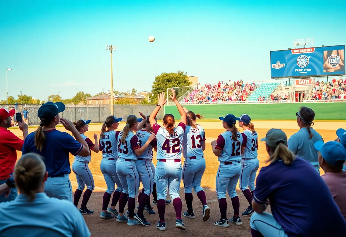 San Diego State softball team celebrating after a game.