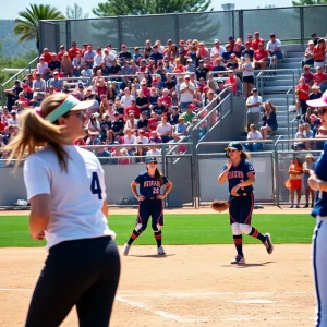 Collegiate softball game with players actively engaged