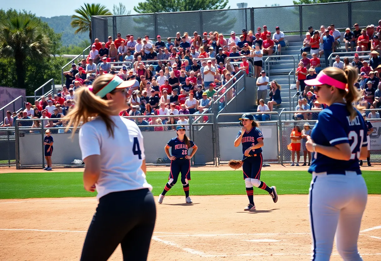 Collegiate softball game with players actively engaged
