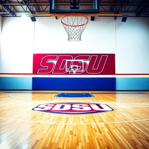 SDSU women's basketball court with team colors