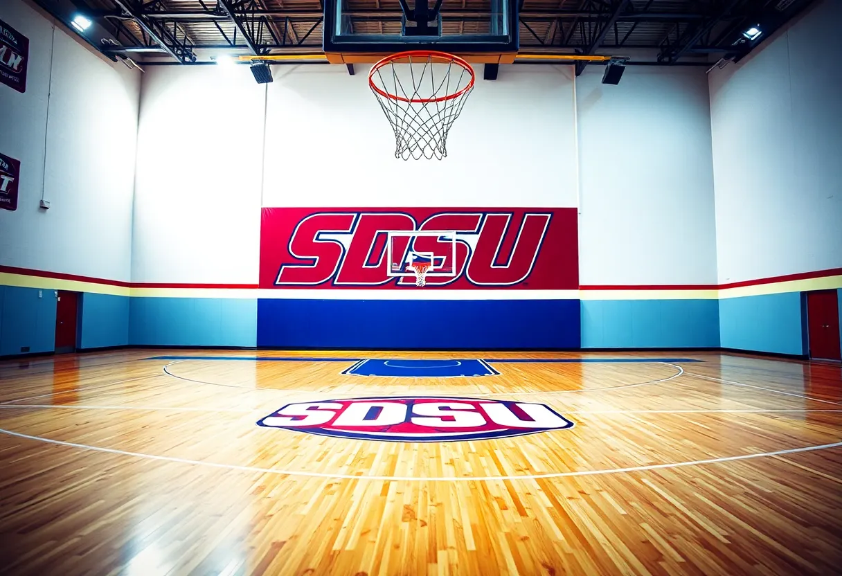 SDSU women's basketball court with team colors
