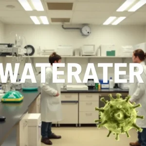 Scientists analyzing wastewater samples in a lab