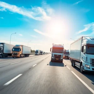Self-driving trucks navigating a California highway