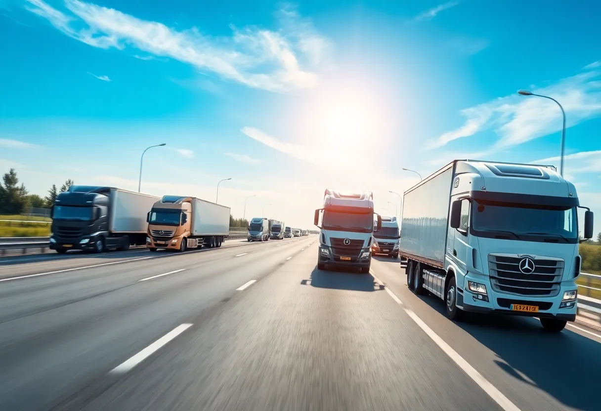 Self-driving trucks navigating a California highway