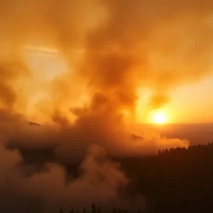 Wildfire smoke rising over California landscape