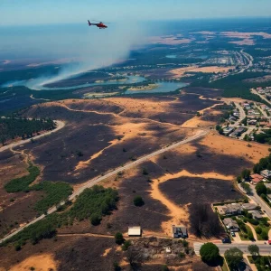 Aerial view of burnt land and smoke from wildfires in Southern California