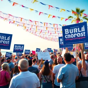 Political rally scene at Huntington Beach for California governor campaign