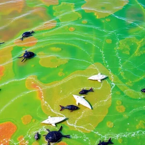 Coastal view of Southern California showing effects of a toxic algae bloom with distressed marine animals.