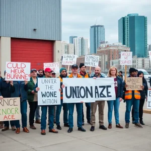 Workers rallying for union rights in front of Amazon warehouse