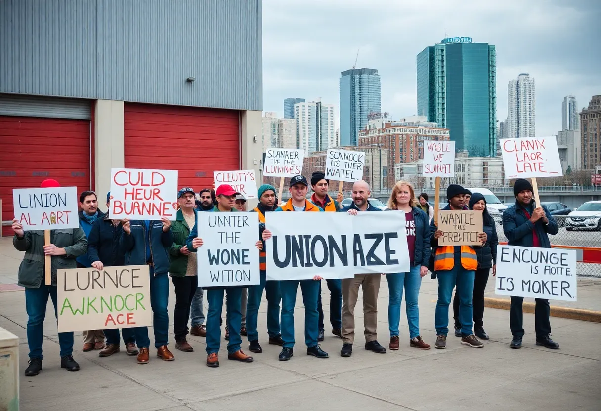 Workers rallying for union rights in front of Amazon warehouse