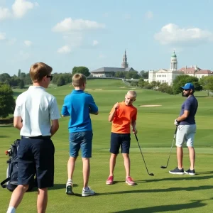 Young golfers practicing at a prestigious golf course with iconic landscapes.