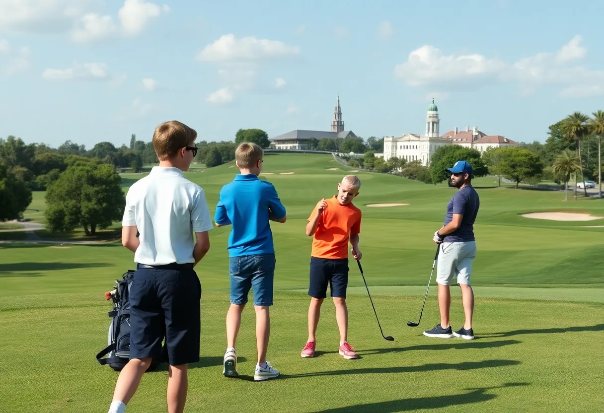 Young golfers practicing at a prestigious golf course with iconic landscapes.