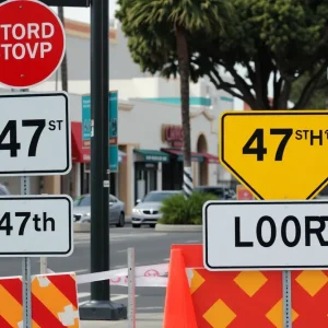 Traffic signs indicating 47th Street closure in San Diego for bridge work.