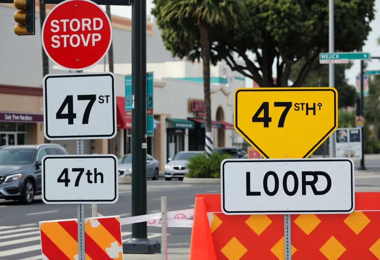 Traffic signs indicating 47th Street closure in San Diego for bridge work.