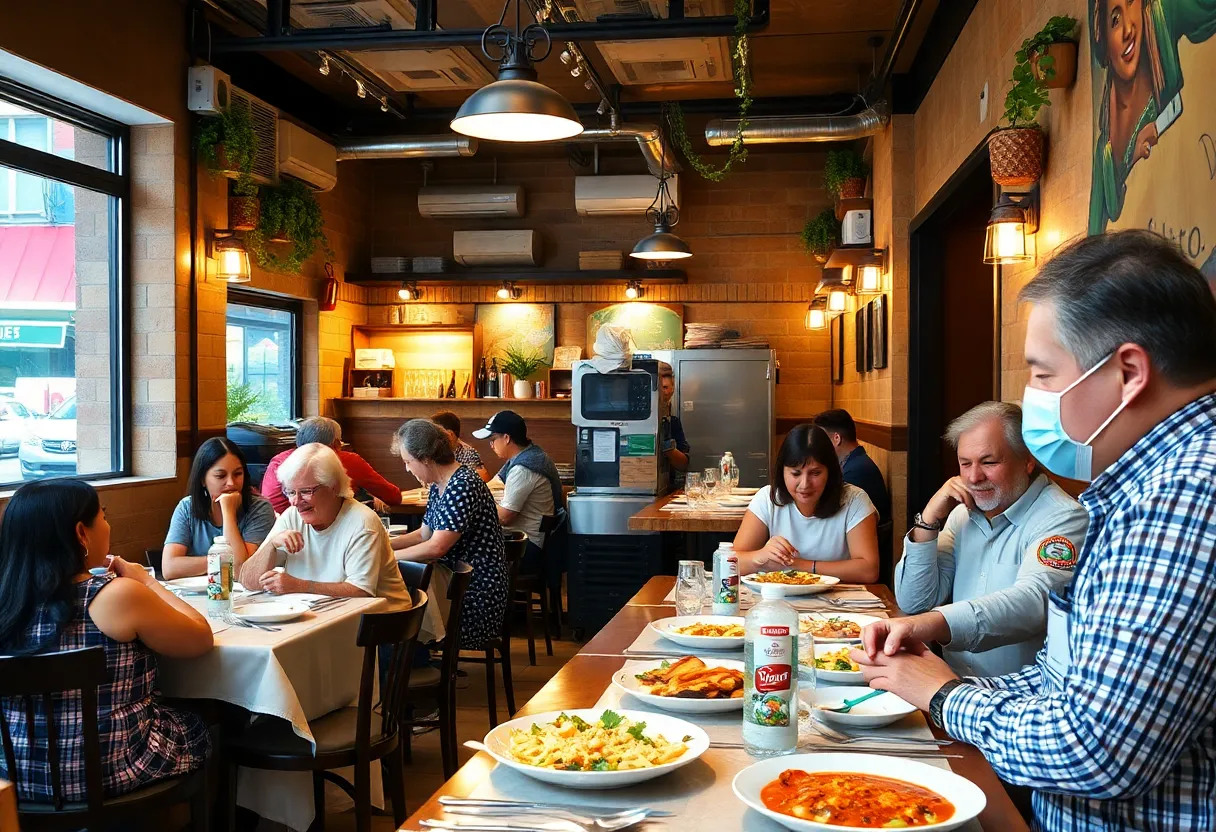 Exterior view of Aladdin Mediterranean Café with health inspectors present