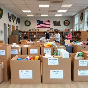 Community volunteers at the Bags for the Brave donation center