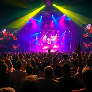 Crowd enjoying a live concert with colorful lights
