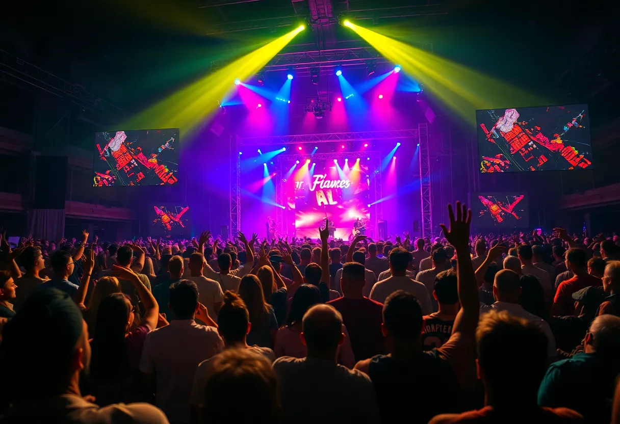 Crowd enjoying a live concert with colorful lights