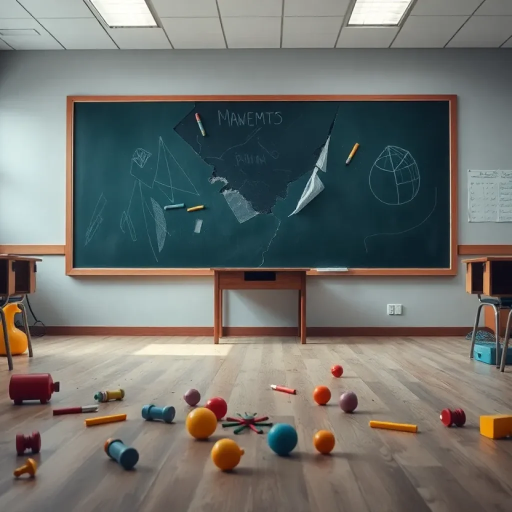 Empty classroom with scattered toys, representing betrayal in education