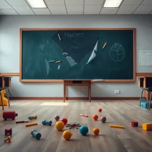 Empty classroom with scattered toys, representing betrayal in education