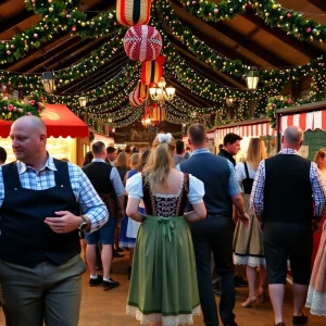 Lively scene at Big Bear Lake Maifest with participants in traditional attire