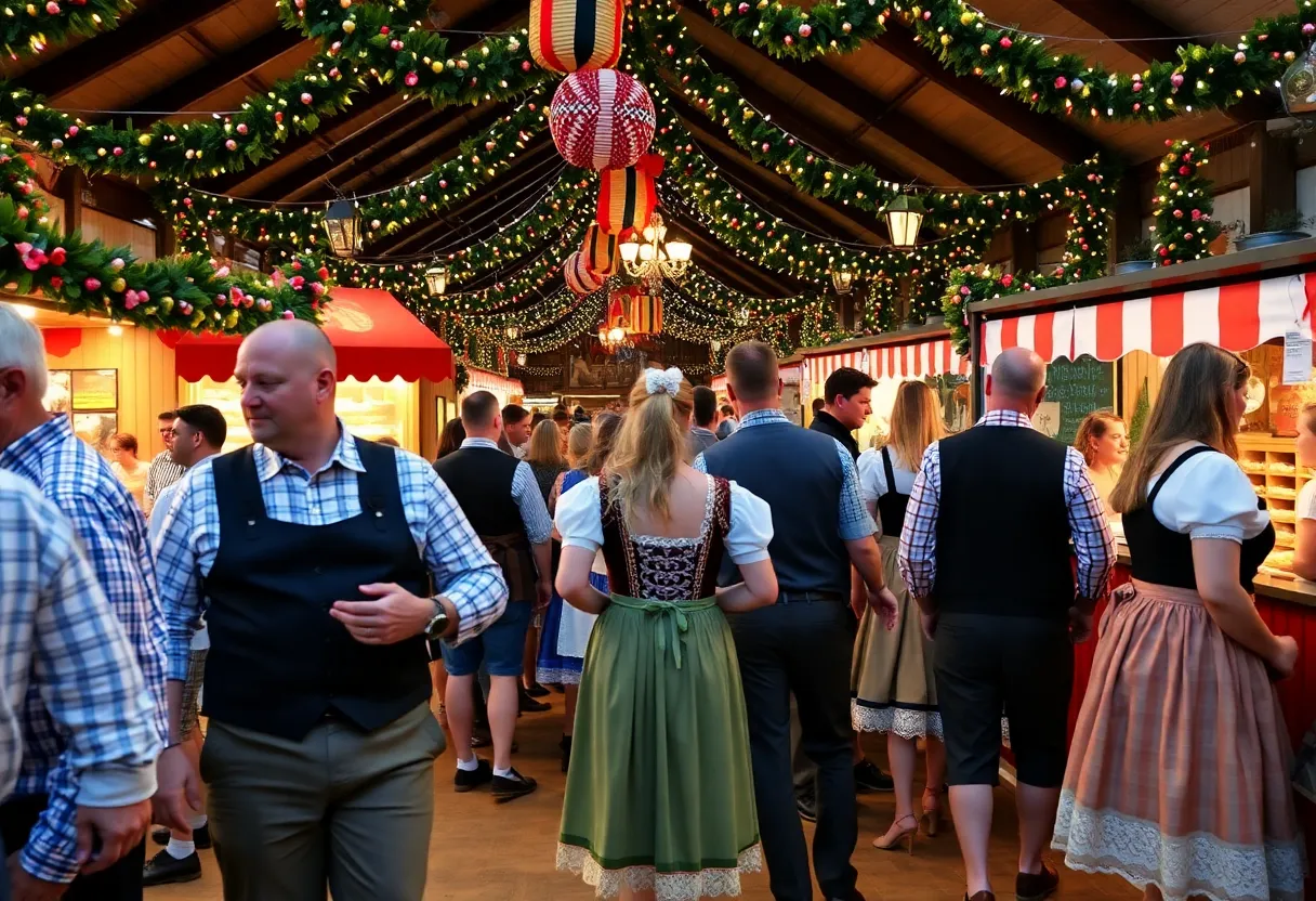 Lively scene at Big Bear Lake Maifest with participants in traditional attire