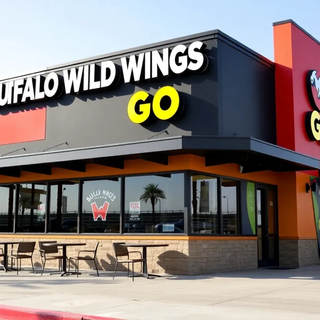 Exterior view of the Buffalo Wild Wings GO restaurant in Clairemont, San Diego.