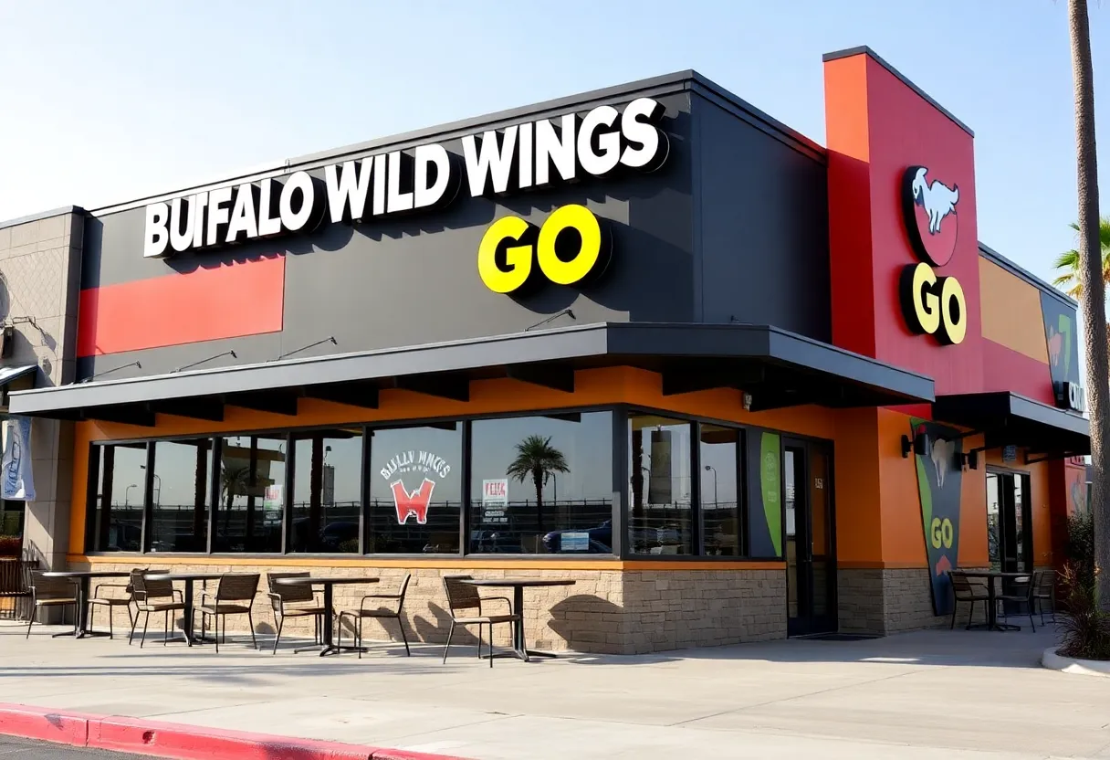 Exterior view of the Buffalo Wild Wings GO restaurant in Clairemont, San Diego.