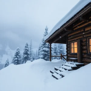 Snowy cabin in the mountains