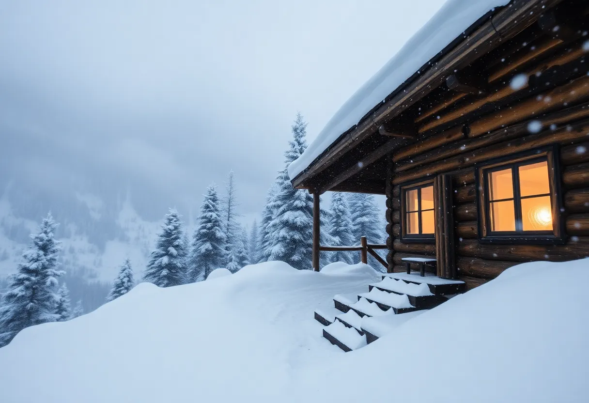Snowy cabin in the mountains