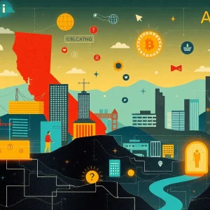 Illustration of California's tech landscape with automated decision-making symbols