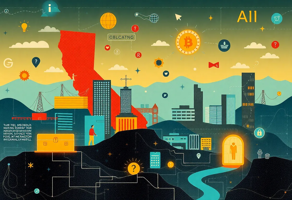 Illustration of California's tech landscape with automated decision-making symbols