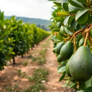 Lush avocado farm in California with ripe avocados on trees