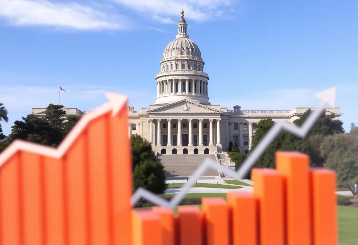 California State Capitol building with budget symbols
